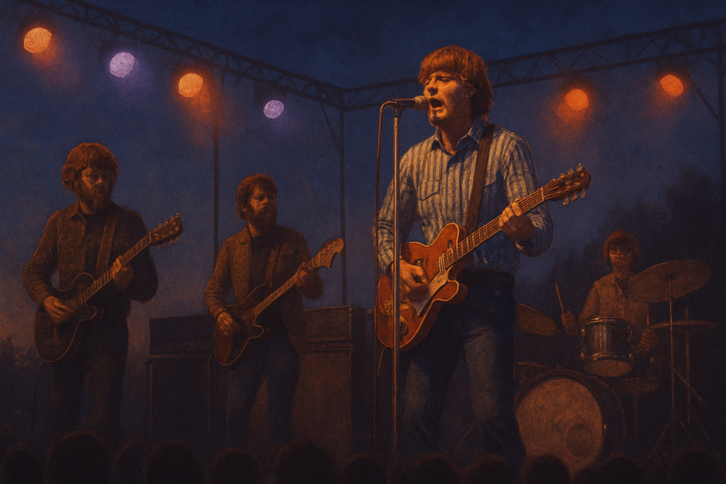 Creedence Clearwater Revival live at Woodstock 1969 during their night performance.