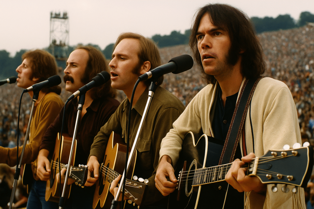 CSNY delivering spiritual harmonies during their Woodstock 1969 debut.