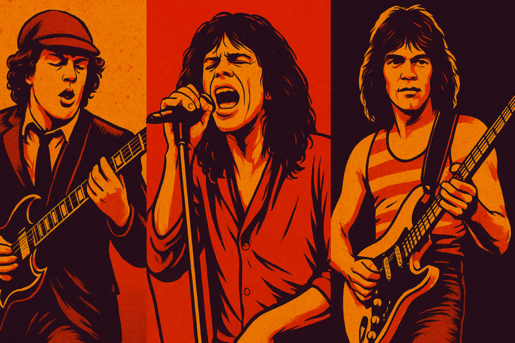 Illustration of AC/DC, Van Halen, and Aerosmith representing 1970s Hard Rock rebellion