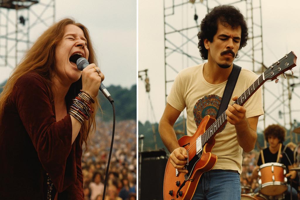 Janis Joplin singing with raw emotion and Carlos Santana playing guitar live at Woodstock 1969.