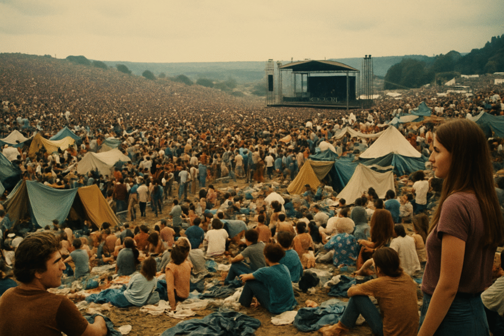 Massive crowd and tents at Woodstock 1969 festival in Bethel, New York.